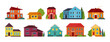 Home exterior. Front of flat building with roof, urban or countryside apartments, residence or townhouse, neighbourhood in village. Real estate collection. Vector cartoon isolated icons