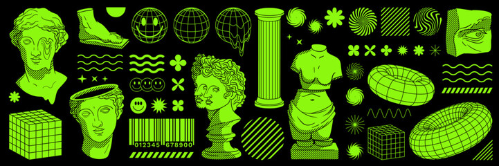 rave psychedelic retro futuristic set. modern sculpture and statue, surreal geometric shapes, wirefr