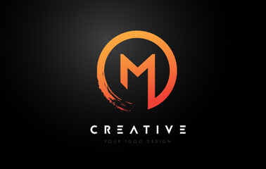 Poster - Orange M Circular Letter Logo with Circle Brush Design and Black Background.