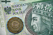 polski banknot,100 PLN, moneta libijska ,Polish banknote, 100 PLN, Libyan coin