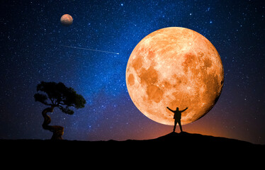 Wall Mural - man observing the moon from outside