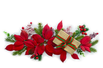 Wall Mural - christmas decoration. gift box, red poinsettia flowers, christmas tree branch, red berries on a whit