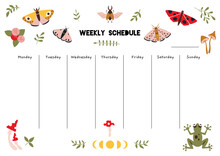 Cute Weekly Schedule Template With Summer Vibe, Moth, Mushrooms, Cartoon Style. Printable A4 Paper For Bullet Journal Page. Trendy Modern Vector Illustration, Hand Drawn, Flat