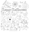 © Ludmila - Big set of doodles Happy Halloween. Jack pumpkin, ghost, bat and skull and crossbones, graveyard, grave, fly agaric and witchs potion. Vector isolated outline elements for decor, design, decoration.
