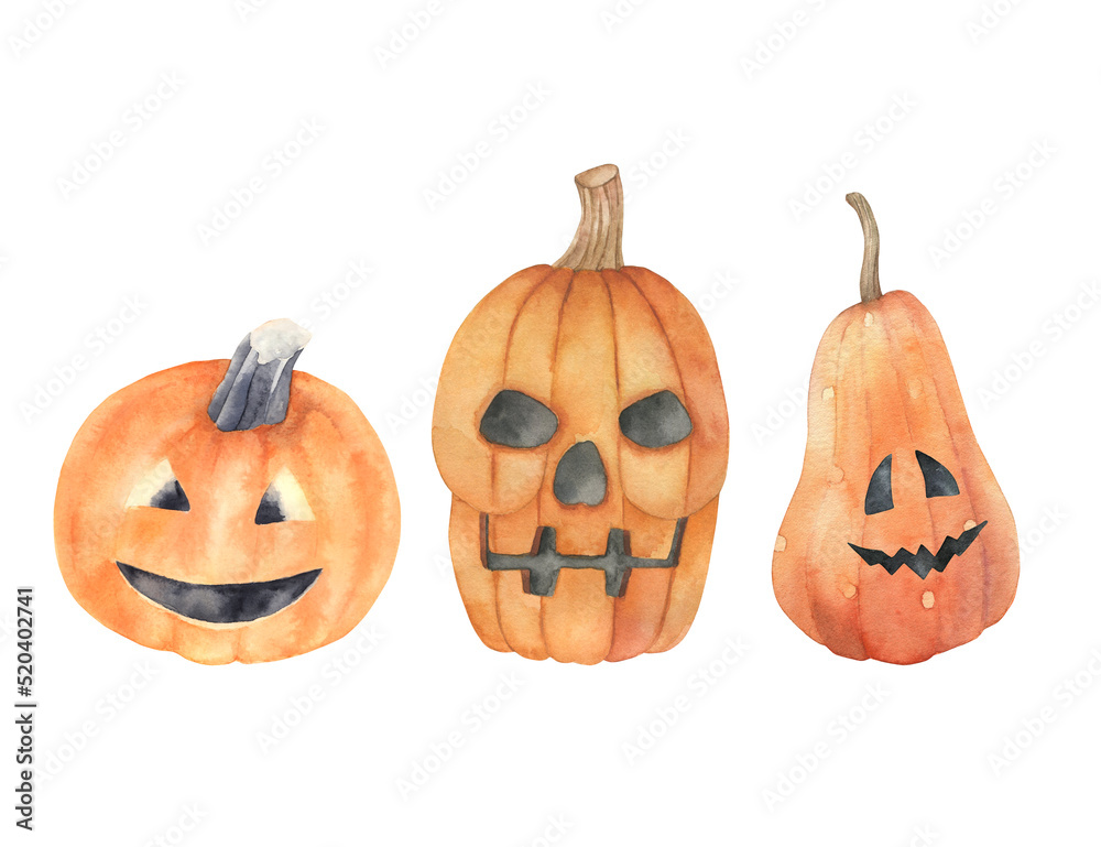 Watercolor halloween pumpkins set. Hand drawn isolated illustration on ...