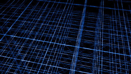 Poster - 3D space with grid of lines. Animation. Multi-level grid of thin lines on black background. Intersecting thin lines in space permeate its entire perimeter