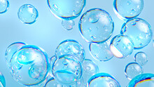3d Render, Abstract Blue Background, Water Drops, Air Bubbles, Wallpaper With Glass Balls