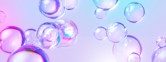 3d render, abstract pastel pink blue background with iridescent magical air bubbles, wallpaper with 