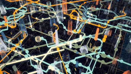 Poster - 3D moving city map. Animation. Animated 3D diagram of city under construction consisting of neon lines on dark background. Conditional neon symbols on diagram of city