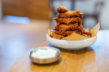 Sticker - Korean spicy chicken fries in restaurant