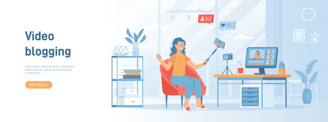Wall Mural - Video blogging, broadcasting, live streaming. Young woman shoots video on phone using selfie stick. Flat concept great for social media promotional material. Website banner on white background.