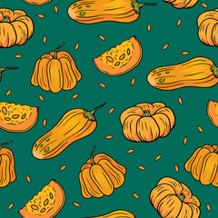 Wall Mural - Seamless pattern with different pumpkin and seeds on green emerald background