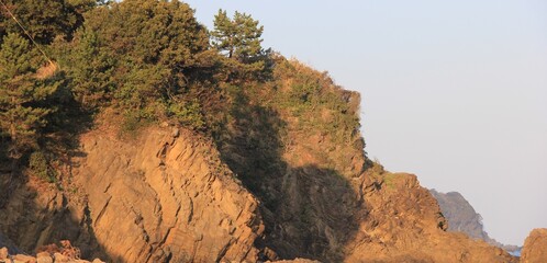 Poster - 夕日が当たり、やや赤みがかった海岸の岩場