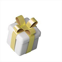 Realistic 3d white gift box with golden glossy ribbon bow isolated on a white background. 3d render isometric modern holiday surprise box. Realistic icon for present, birthday or wedding banners