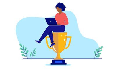 Poster - Minority businesswoman winner - Professional Black ethnic woman sitting on trophy cup working on computer. Flat design vector illustration with white background