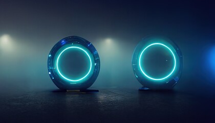 Wall Mural - A circular portal and a hologram are futuristic elements of a neon color circle. A standard podium or studio futuristic pedestal. A technological fantasy portal. 3d render