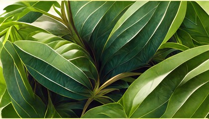 Poster - Tropical leaves foliage plants jungle shrubs floral arrangement nature background. Large palm foliage nature. Flat lay, dark nature concept, tropical leaf. 3D artwork