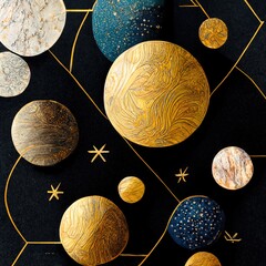 a sun decorated with orbits of stars or planets. abstract engraving illustration with gold metal foi