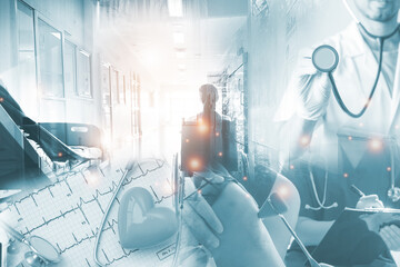 Double exposure Medicine doctor and health care.Health care with medical working in hospital.study,vaccine, rising growth.COVID-19. Photo Medical and technology concept.