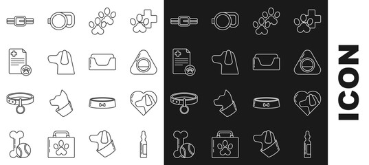 Poster - Set line Pets vial medical, Heart with dog, bed, Paw print, Dog, Clipboard clinical record pet, Collar name tag and icon. Vector