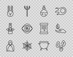 Wall Mural - Set line Mantle, cloak, cape, Magic runes, Bottle with love potion, Spider web, Rabbit ears, Hypnosis, Witch cauldron and Hand holding fire icon. Vector