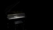 Black-gold Grand Piano under spot lighting background on black surface. 3D illustration. 3D CG. 3D high quality rendering.  