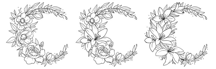 Wall Mural - Moon flower wreath decoration outline black and white with lilies vector SVG line art