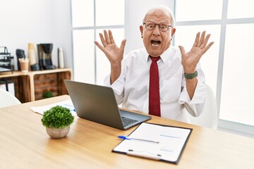 Canvas Print - Senior man working at the office using computer laptop celebrating crazy and amazed for success with arms raised and open eyes screaming excited. winner concept