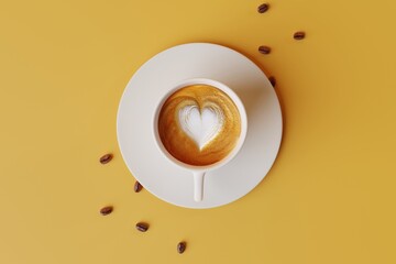 Top view of a white cup of coffee on a yellow pastel background and a coffee zone. Concept of drinking coffee, cafe. Energy. 3d rendering, 3d illustration.