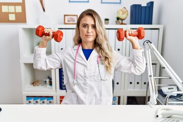 Poster - Young beautiful doctor woman holding dumbbells for sport therapy relaxed with serious expression on face. simple and natural looking at the camera.