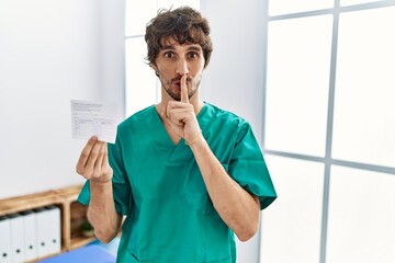 Sticker - Young hispanic doctor man holding covid record card asking to be quiet with finger on lips. silence and secret concept.