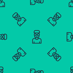 Poster - Blue line Nerd geek icon isolated seamless pattern on green background. Vector