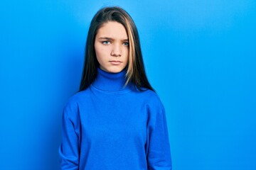 Sticker - Young brunette girl wearing turtleneck sweater skeptic and nervous, frowning upset because of problem. negative person.