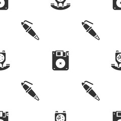 Poster - Set Telephone handset, Floppy disk and Fountain pen nib on seamless pattern. Vector