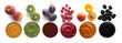 Set with different tasty fruit puree on white background, top view. Banner design