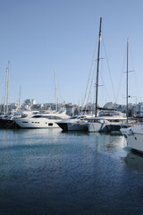 Canvas Print - Picturesque view of port with modern boats on sunny day