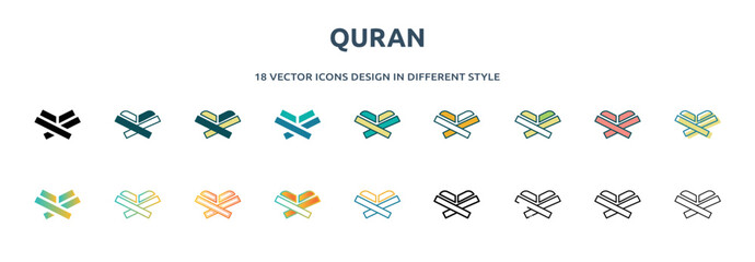 Wall Mural - quran icon in 18 different styles such as thin line, thick line, two color, glyph, colorful, lineal color, detailed, stroke and gradient. set of quran vector for web, mobile, ui