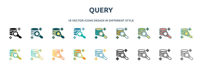 Poster - query icon in 18 different styles such as thin line, thick line, two color, glyph, colorful, lineal color, detailed, stroke and gradient. set of query vector for web, mobile, ui