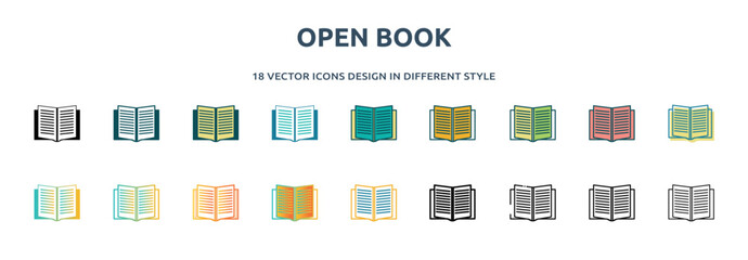 Poster - open book icon in 18 different styles such as thin line, thick line, two color, glyph, colorful, lin