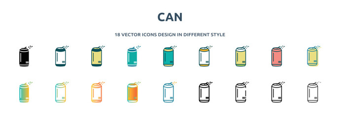 Poster - can icon in 18 different styles such as thin line, thick line, two color, glyph, colorful, lineal color, detailed, stroke and gradient. set of can vector for web, mobile, ui