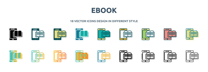 Poster - ebook icon in 18 different styles such as thin line, thick line, two color, glyph, colorful, lineal 