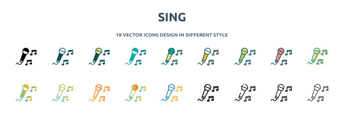 Poster - sing icon in 18 different styles such as thin line, thick line, two color, glyph, colorful, lineal color, detailed, stroke and gradient. set of sing vector for web, mobile, ui