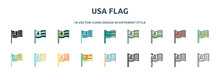 Usa Flag Icon In 18 Different Styles Such As Thin Line, Thick Line, Two Color, Glyph, Colorful, Lineal Color, Detailed, Stroke And Gradient. Set Of Usa Flag Vector For Web, Mobile, Ui