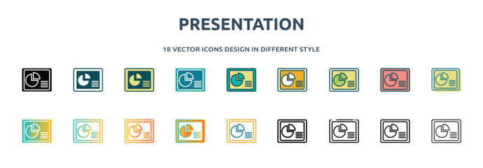 Wall Mural - presentation icon in 18 different styles such as thin line, thick line, two color, glyph, colorful, lineal color, detailed, stroke and gradient. set of presentation vector for web, mobile, ui