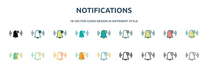 Aufkleber - notifications icon in 18 different styles such as thin line, thick line, two color, glyph, colorful, lineal color, detailed, stroke and gradient. set of notifications vector for web, mobile, ui