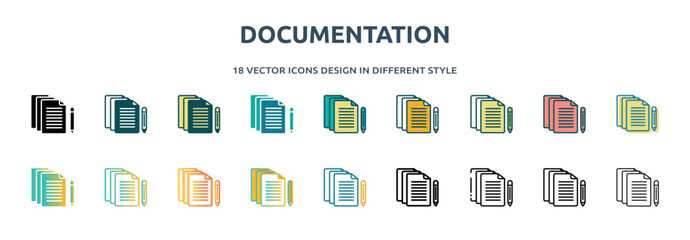 Poster - documentation icon in 18 different styles such as thin line, thick line, two color, glyph, colorful, lineal color, detailed, stroke and gradient. set of documentation vector for web, mobile, ui