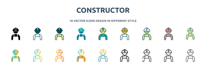 Poster - constructor icon in 18 different styles such as thin line, thick line, two color, glyph, colorful, lineal color, detailed, stroke and gradient. set of constructor vector for web, mobile, ui