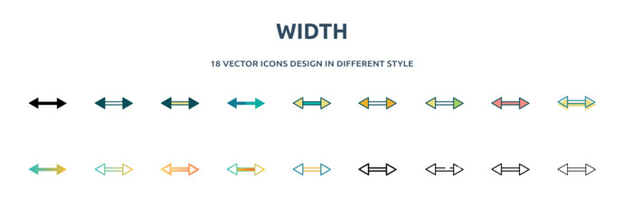 Poster - width icon in 18 different styles such as thin line, thick line, two color, glyph, colorful, lineal color, detailed, stroke and gradient. set of width vector for web, mobile, ui
