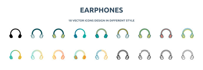 Poster - earphones icon in 18 different styles such as thin line, thick line, two color, glyph, colorful, lin