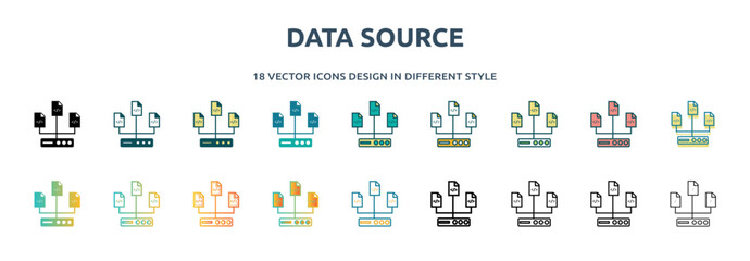 data source icon in 18 different styles such as thin line, thick line, two color, glyph, colorful, l